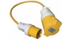 Industrial Electrical Site Equipment Yellow 110, Blue 240, Red 415 Volt. Fly Lead Extension 16 Amp Plug to 32 Amp Socket can be used with Transformer